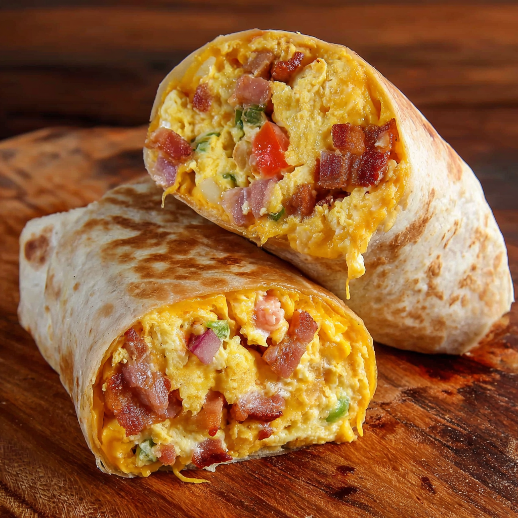 A breakfast burrito with bacon, eggs, and tomatoes.