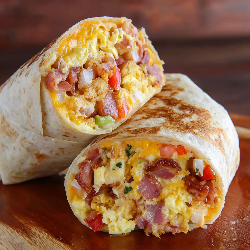 A breakfast burrito filled with eggs, bacon, and tomatoes is displayed on a wooden table.