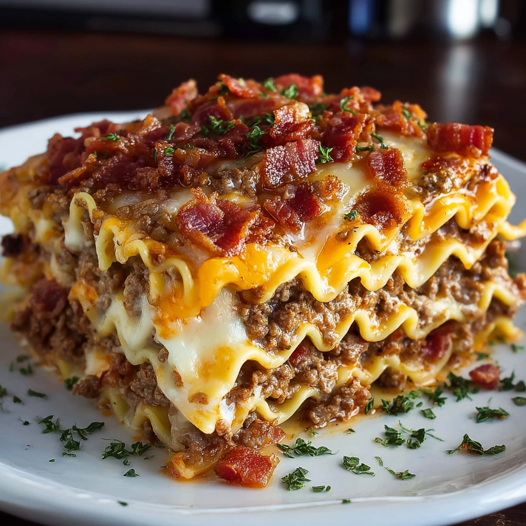 A delicious lasagna dish with layers of pasta, meat, and cheese, served on a white plate.