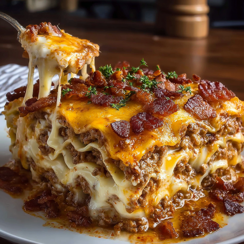 A delicious bacon and cheese casserole is served on a white plate.