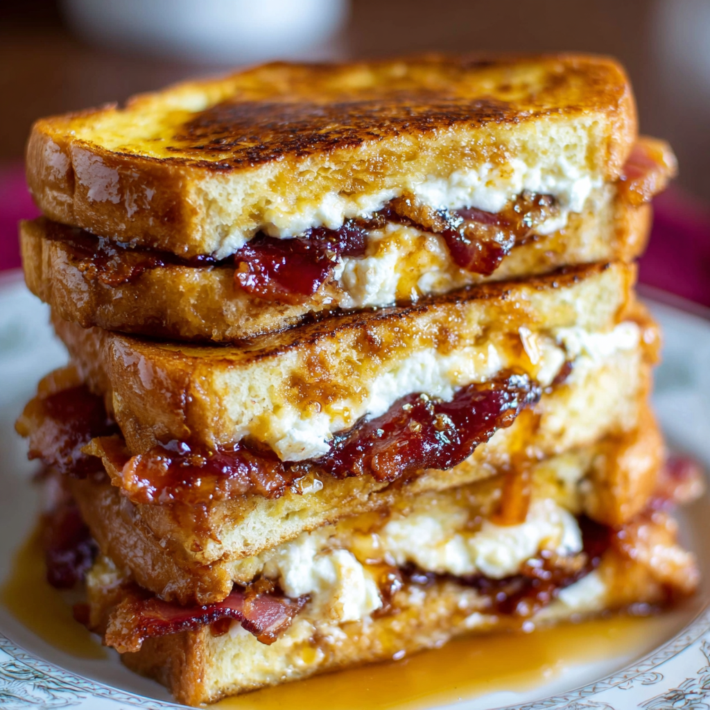 A stack of bacon stuffed French toast on a plate.