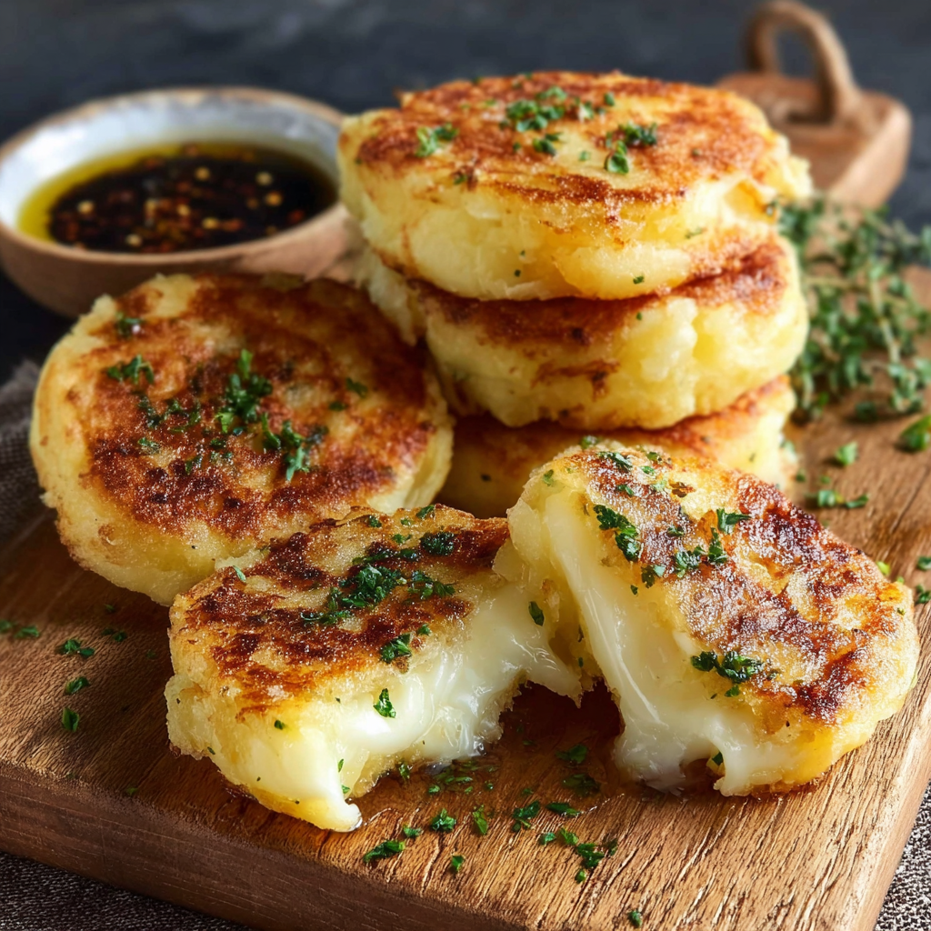 A wooden cutting board with a stack of grilled potatoes and a bowl of dipping sauce.