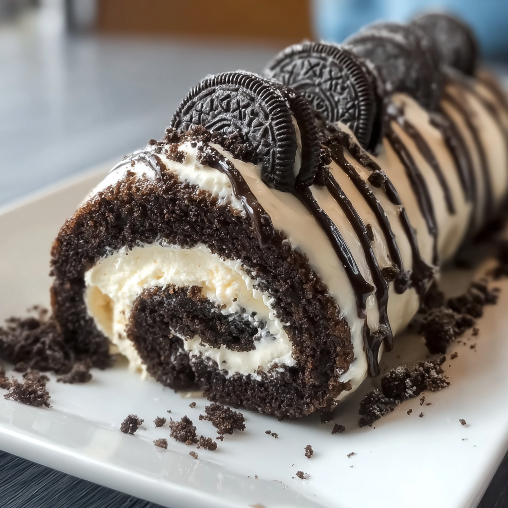 A delicious Oreo Cream Chocolate Roll is displayed on a plate, ready to be enjoyed.