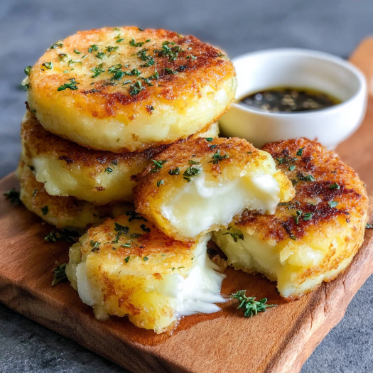 A stack of three cheese-filled cakes with a dipping sauce on the side.