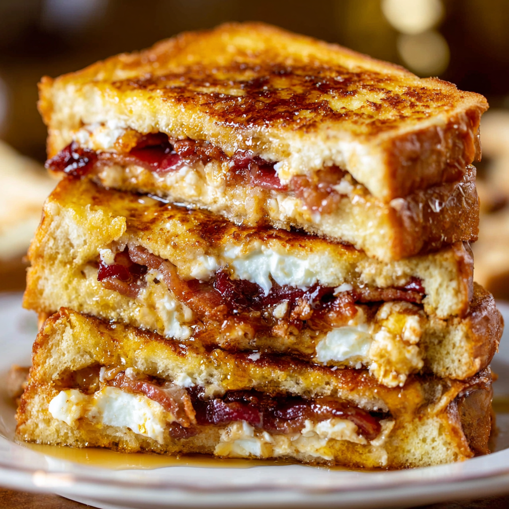 A stack of bacon stuffed French toast on a plate.