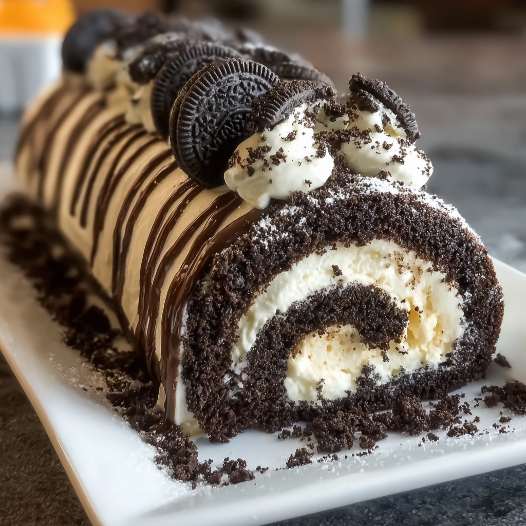 A delicious dessert roll with a creamy filling and chocolate and white icing, topped with Oreo cookies.