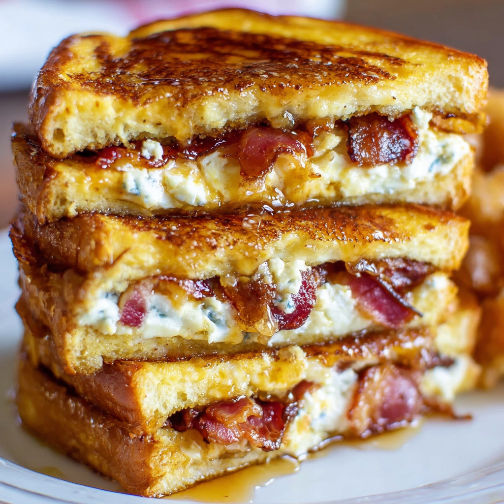 A stack of bacon stuffed French toast on a plate.