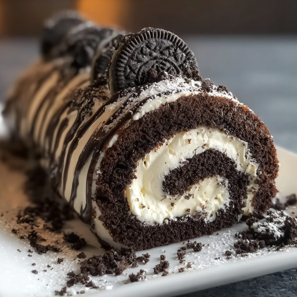 A slice of Oreo-filled cream roll with white icing and chocolate drizzle.