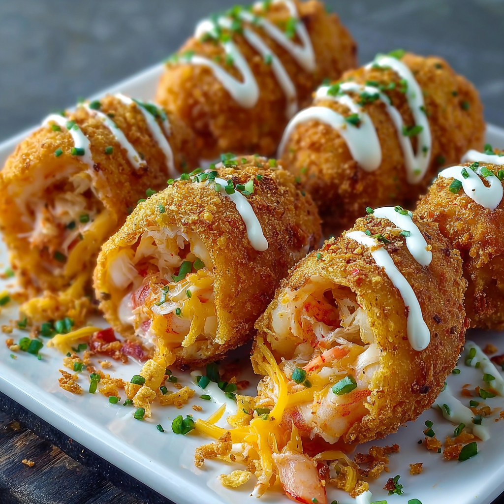 A plate of Shrimp Crab Nacho Corn Dogs is displayed on a table.
