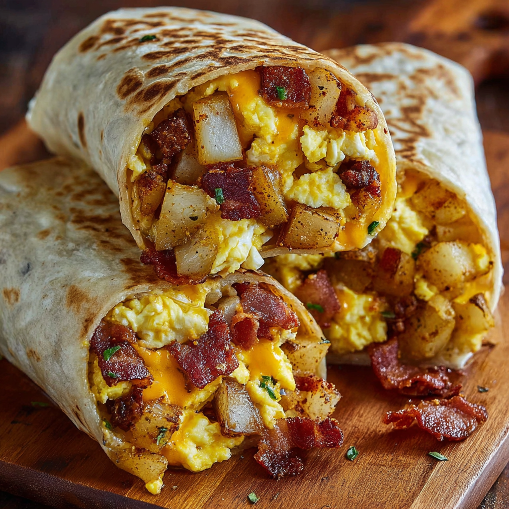 A delicious bacon egg cheese breakfast burrito is served on a wooden cutting board.