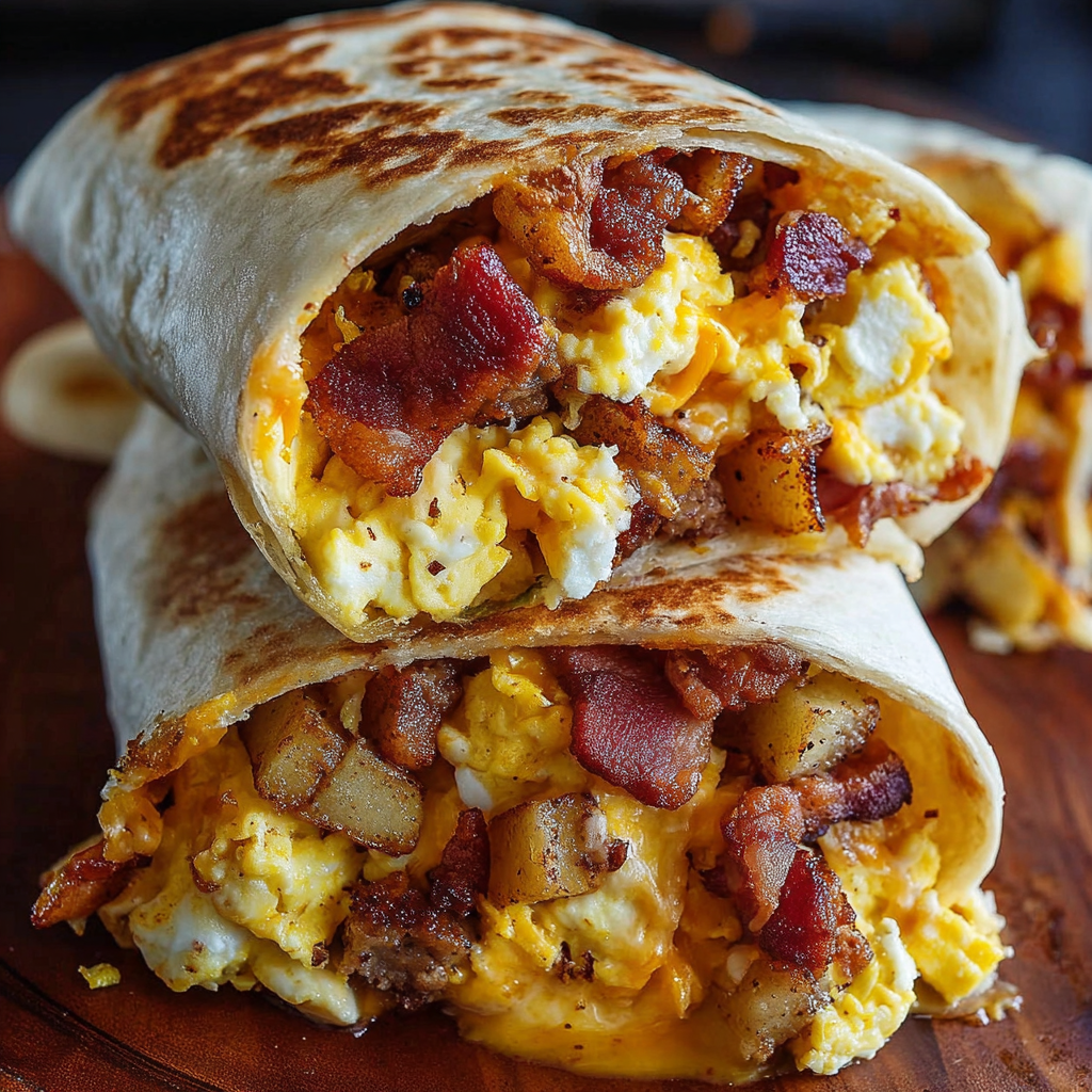 A delicious Bacon Egg Cheese Breakfast Burrito is served on a wooden table.