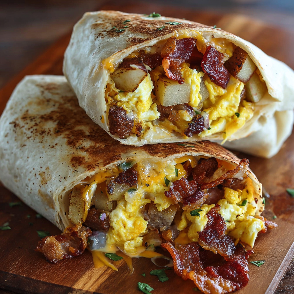 A delicious Bacon Egg Cheese Breakfast Burrito is served on a wooden cutting board.