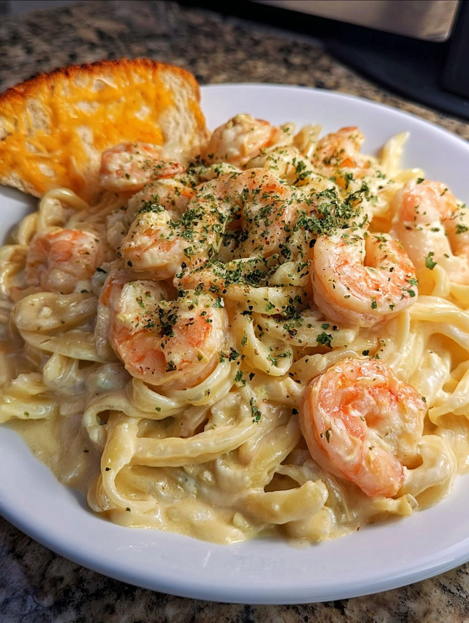 A delicious Shrimp Alfredo Pasta Recipe is served on a white plate.
