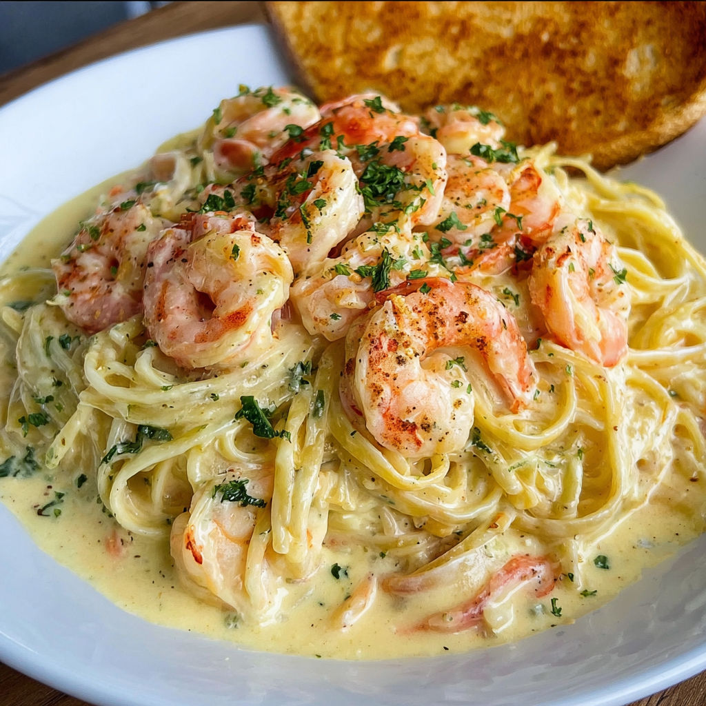 A delicious Shrimp Alfredo Pasta Recipe is served on a white plate.