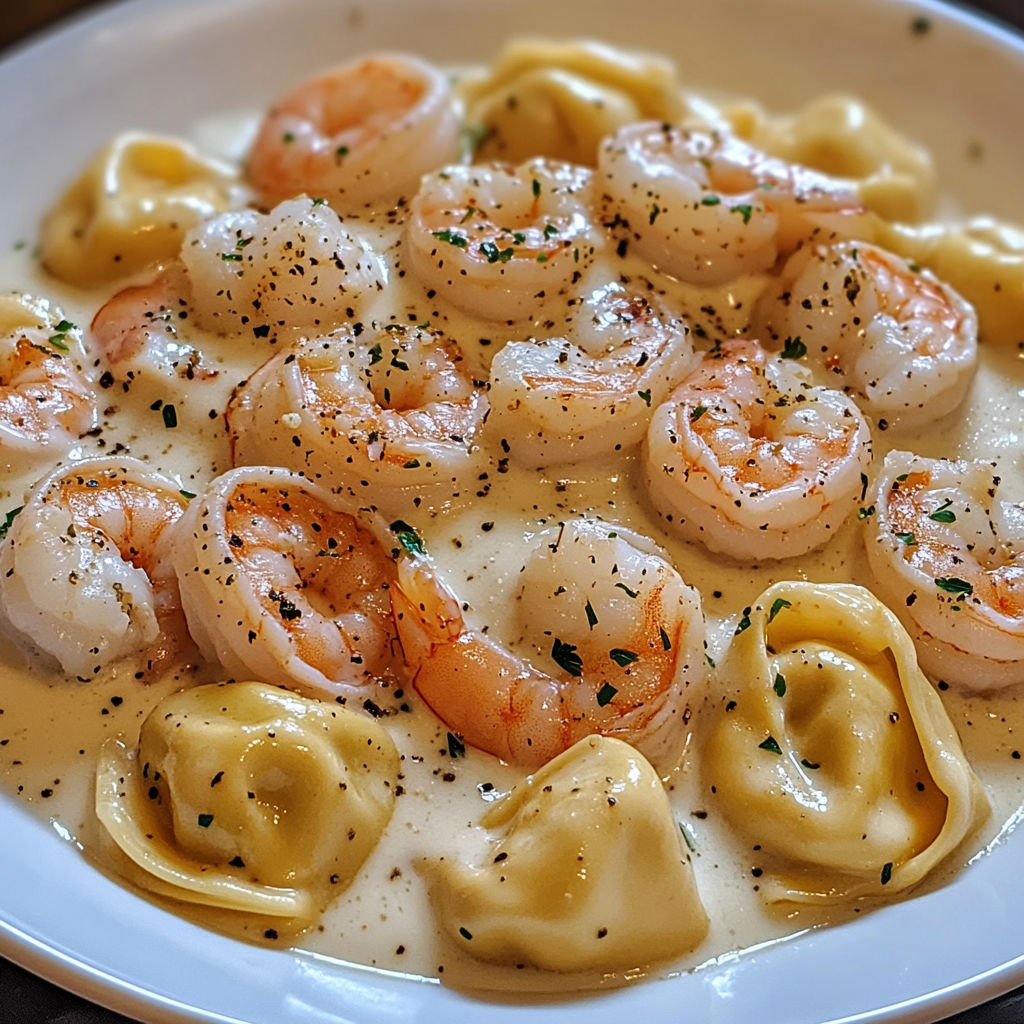 A plate of shrimp and pasta with a white sauce.