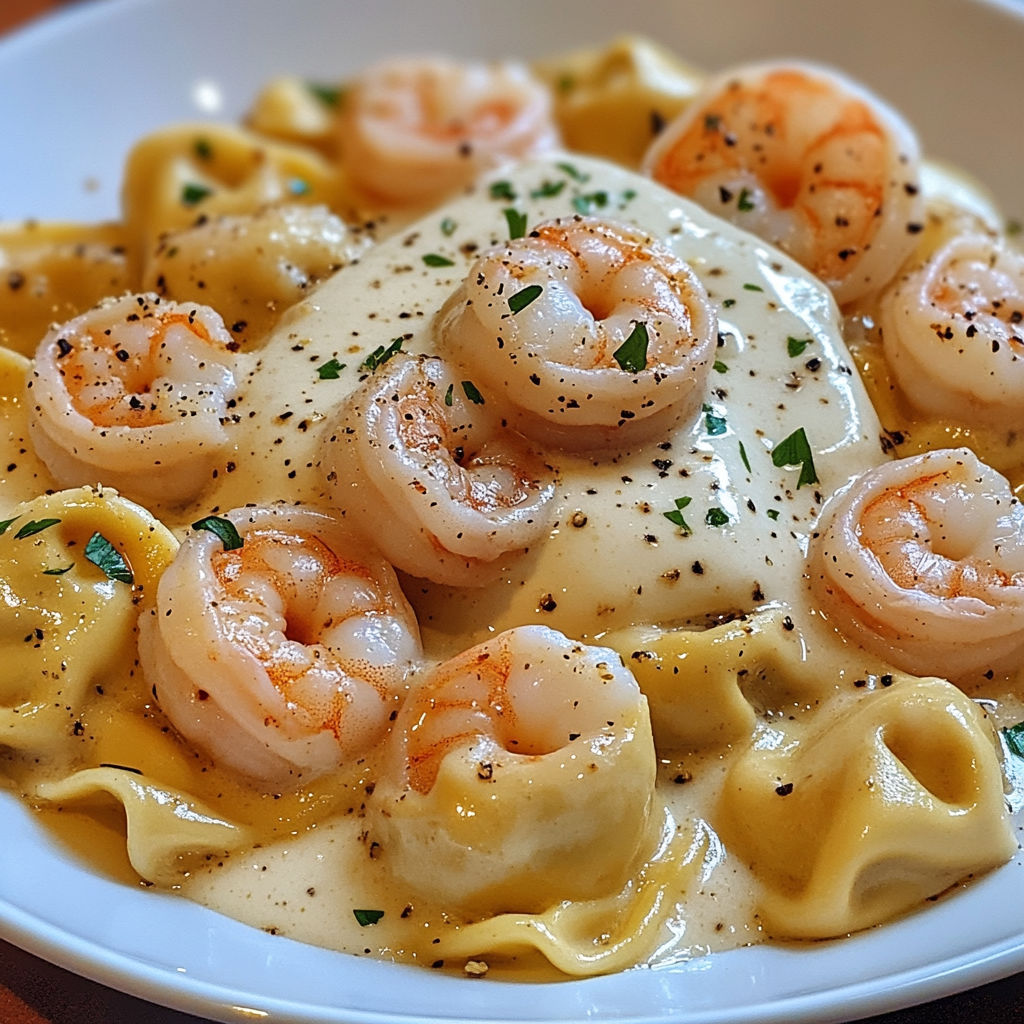 A bowl of shrimp and pasta with a white sauce on top.