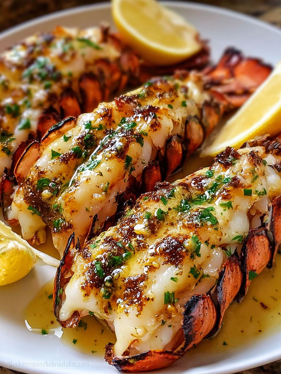 Grilled Cowboy Butter Lobster Tails with lemon and herbs.
