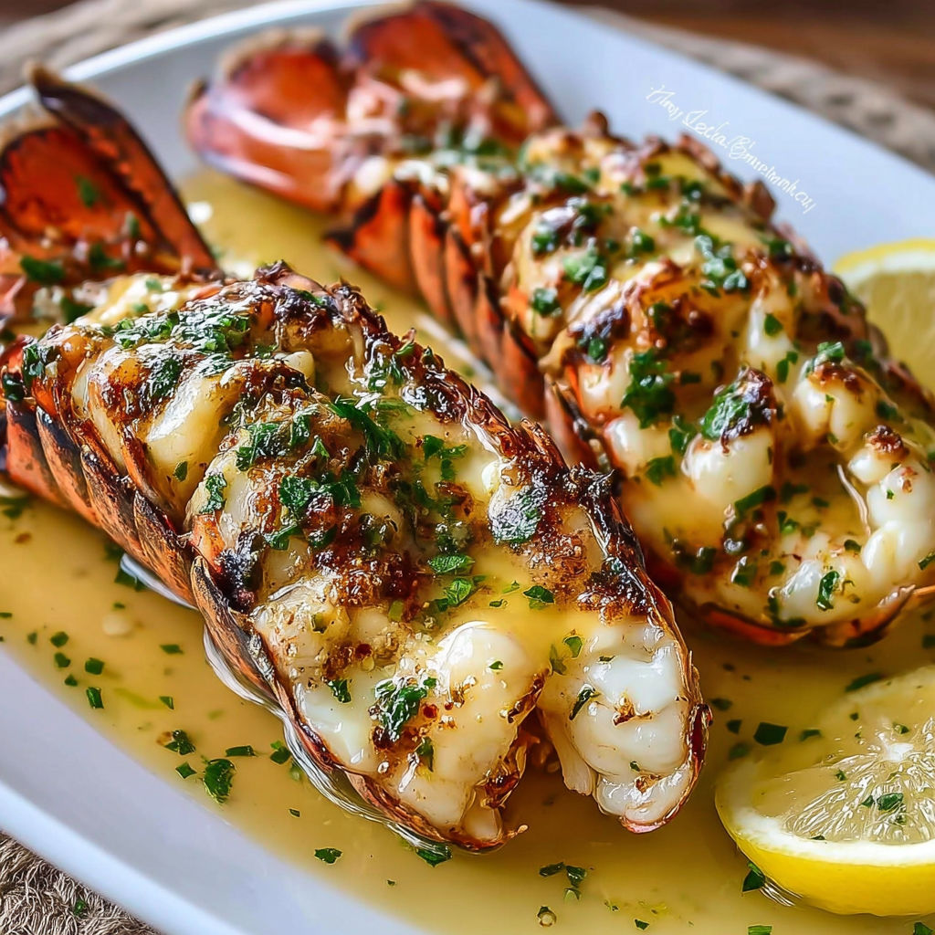 Grilled Cowboy Butter Lobster Tails served on a white plate with a lemon wedge.