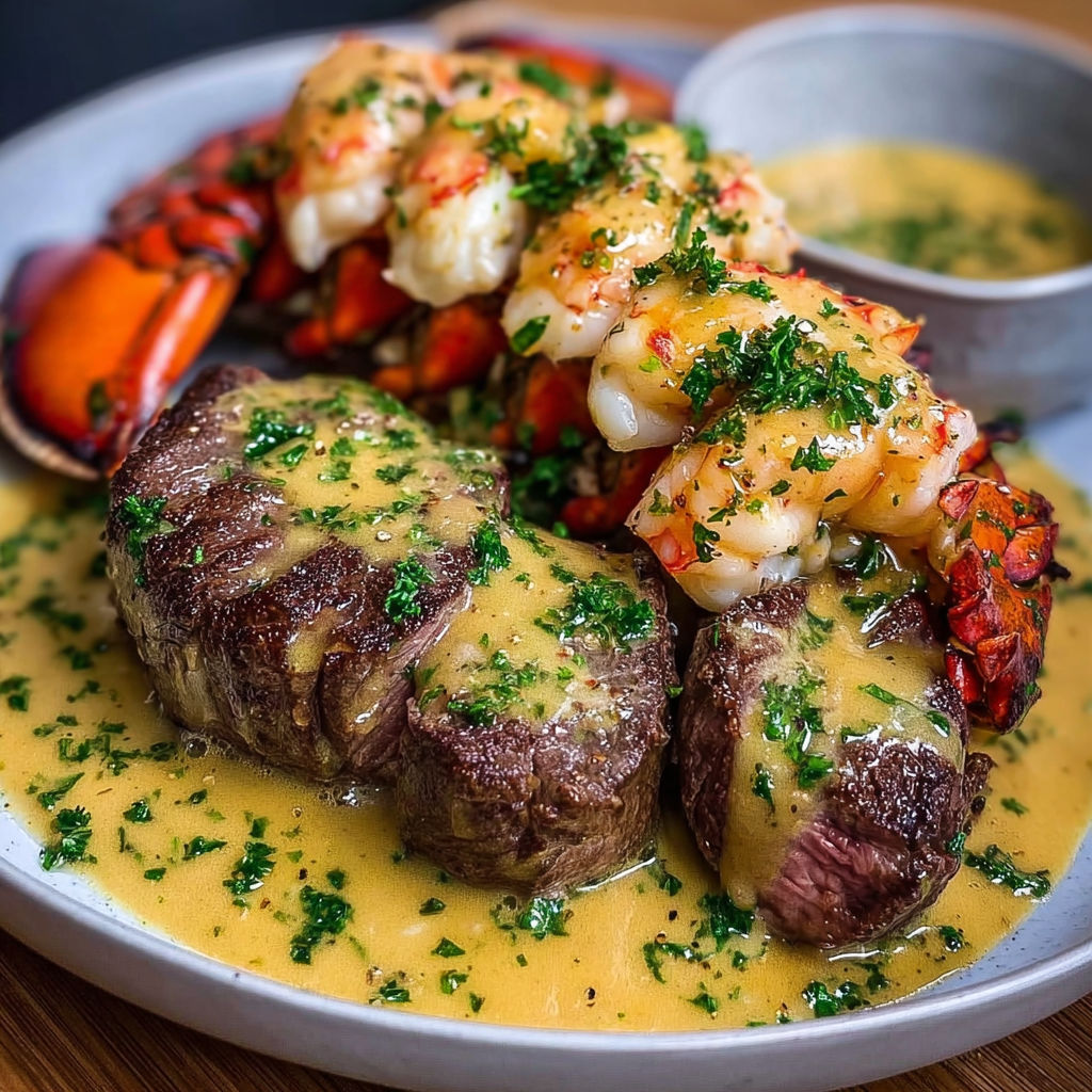 A plate of Surf and Turf Delight with Lobster Sauce.