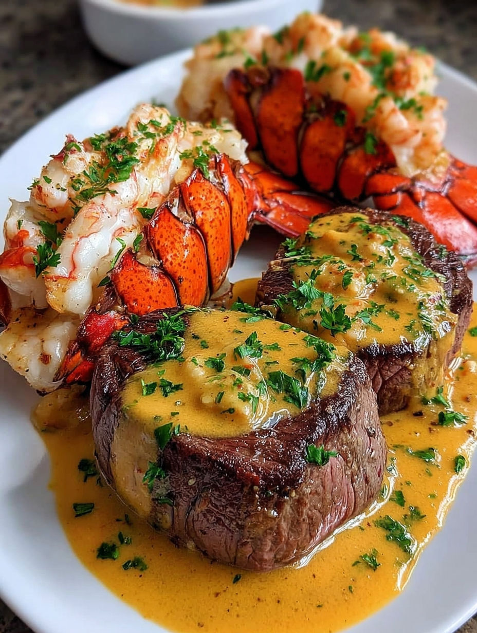 A plate of Surf and Turf Delight with Lobster Sauce, featuring a variety of seafood and meat dishes.