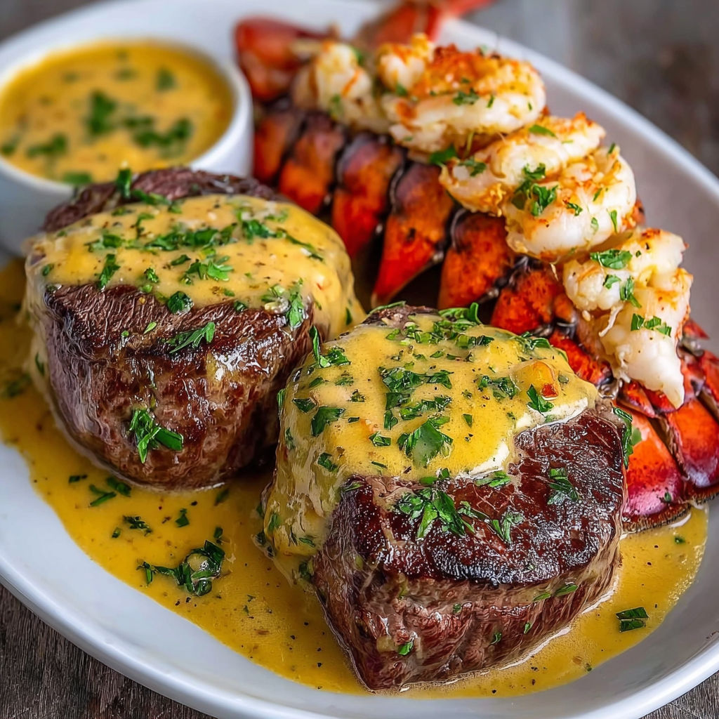 A plate of Surf and Turf Delight with Lobster Sauce, featuring a delicious combination of meat and seafood.