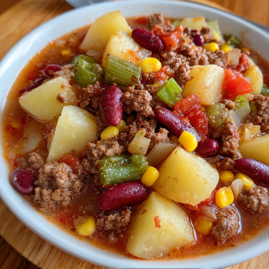 A bowl of Shipwreck Stew filled with meat, vegetables, and beans.