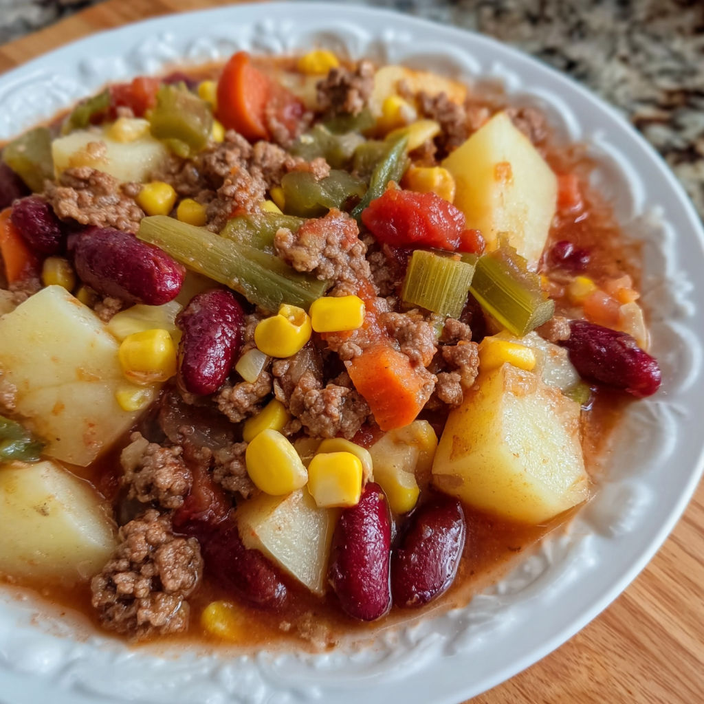 A white plate filled with a delicious meal of meat, potatoes, and vegetables.