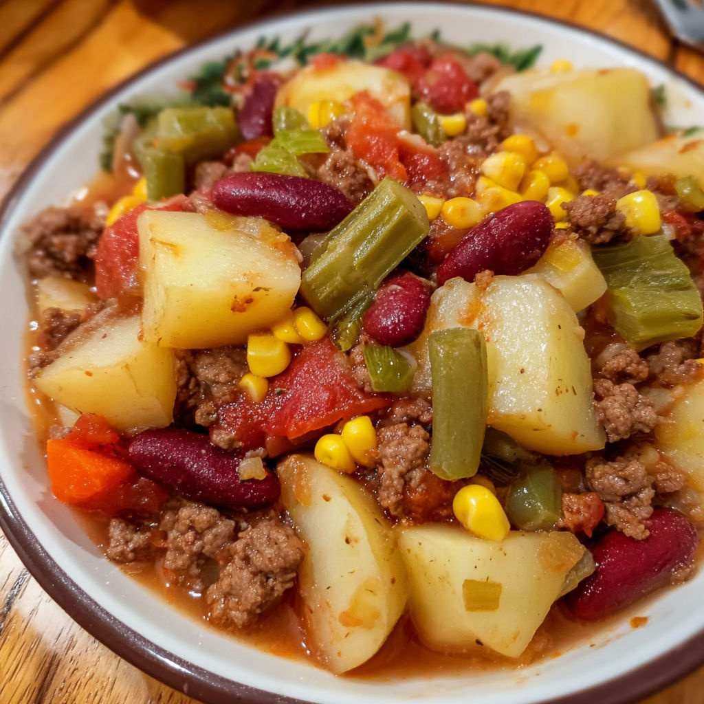A bowl of beef stew with potatoes, corn, and beans.