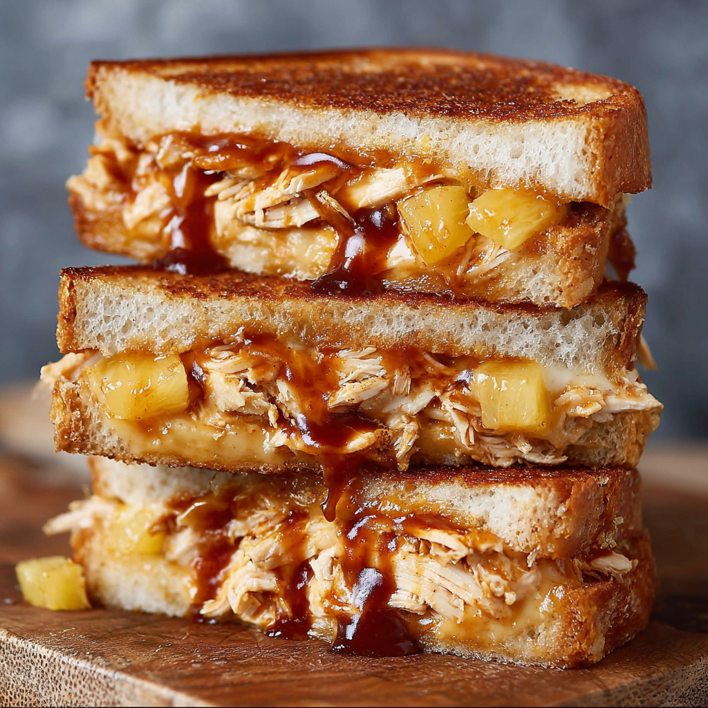 A delicious BBQ Chicken Pineapple Grilled Cheese sandwich is stacked on a wooden table, ready to be enjoyed.