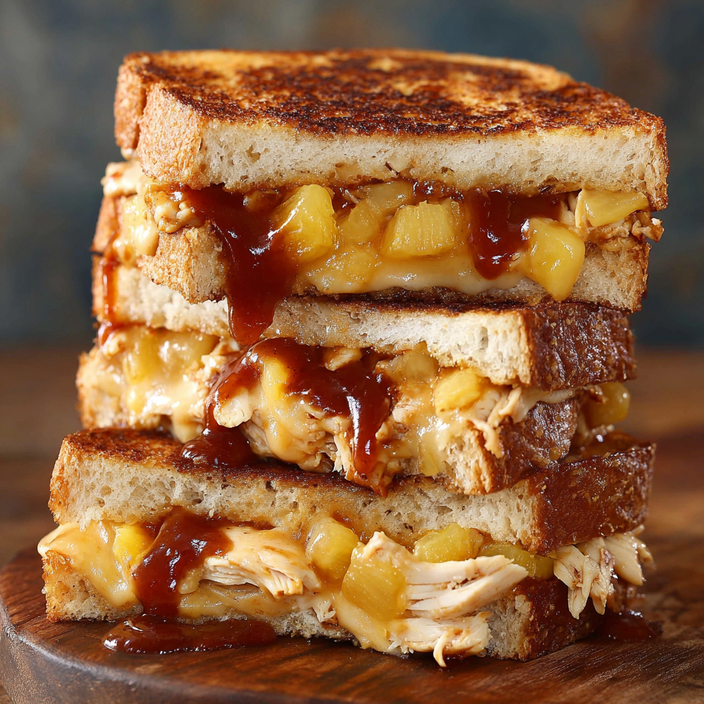 A stack of BBQ Chicken Pineapple Grilled Cheese sandwiches on a wooden cutting board.