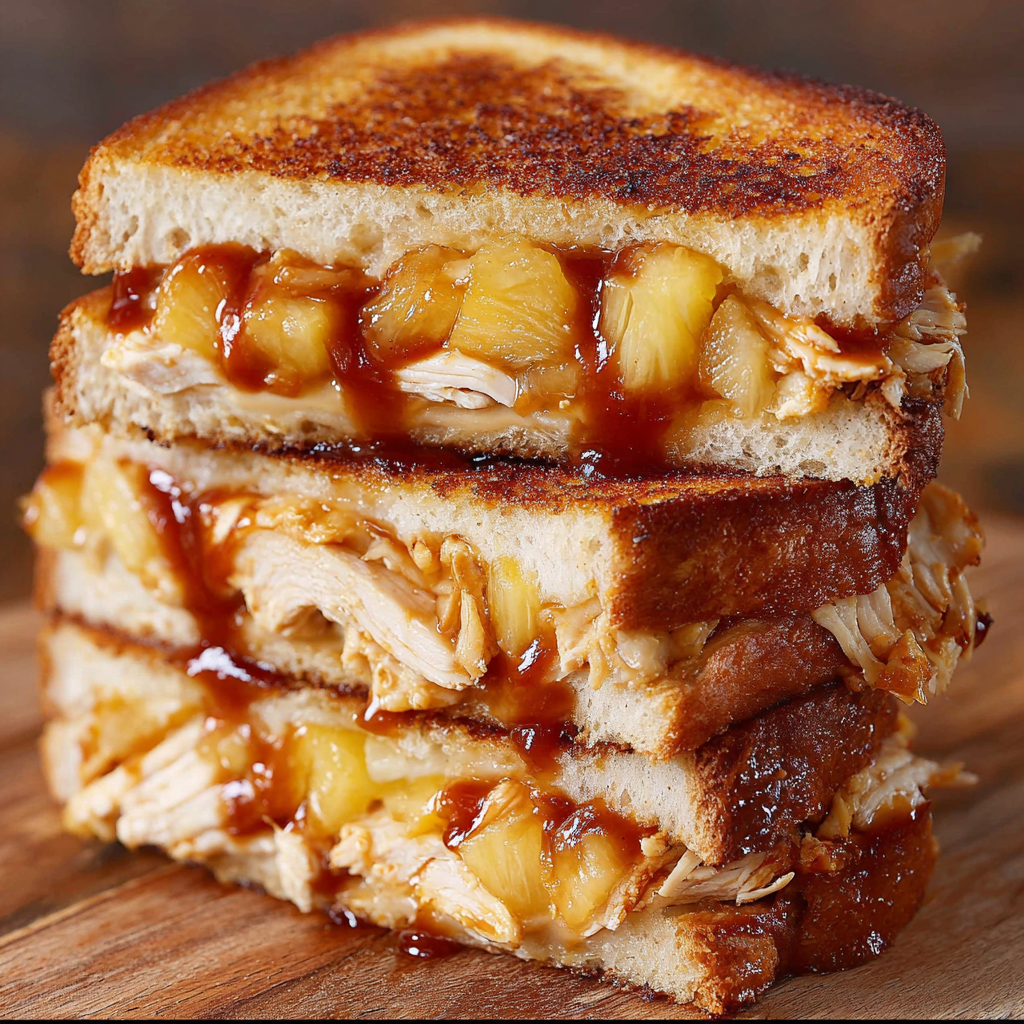 A delicious BBQ Chicken Pineapple Grilled Cheese sandwich is stacked on a wooden table, ready to be enjoyed.