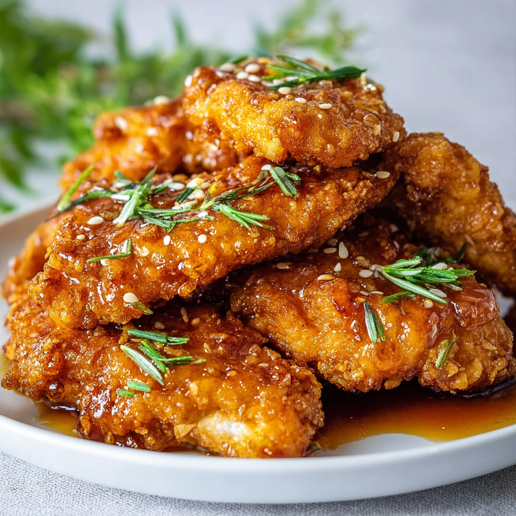A plate of fried chicken with a sauce on top, accompanied by a sprig of parsley.