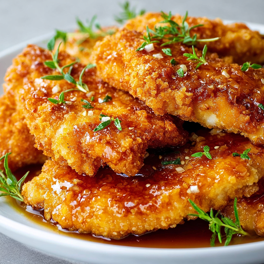 A plate of breaded chicken with a brown sauce, garnished with herbs and spices.