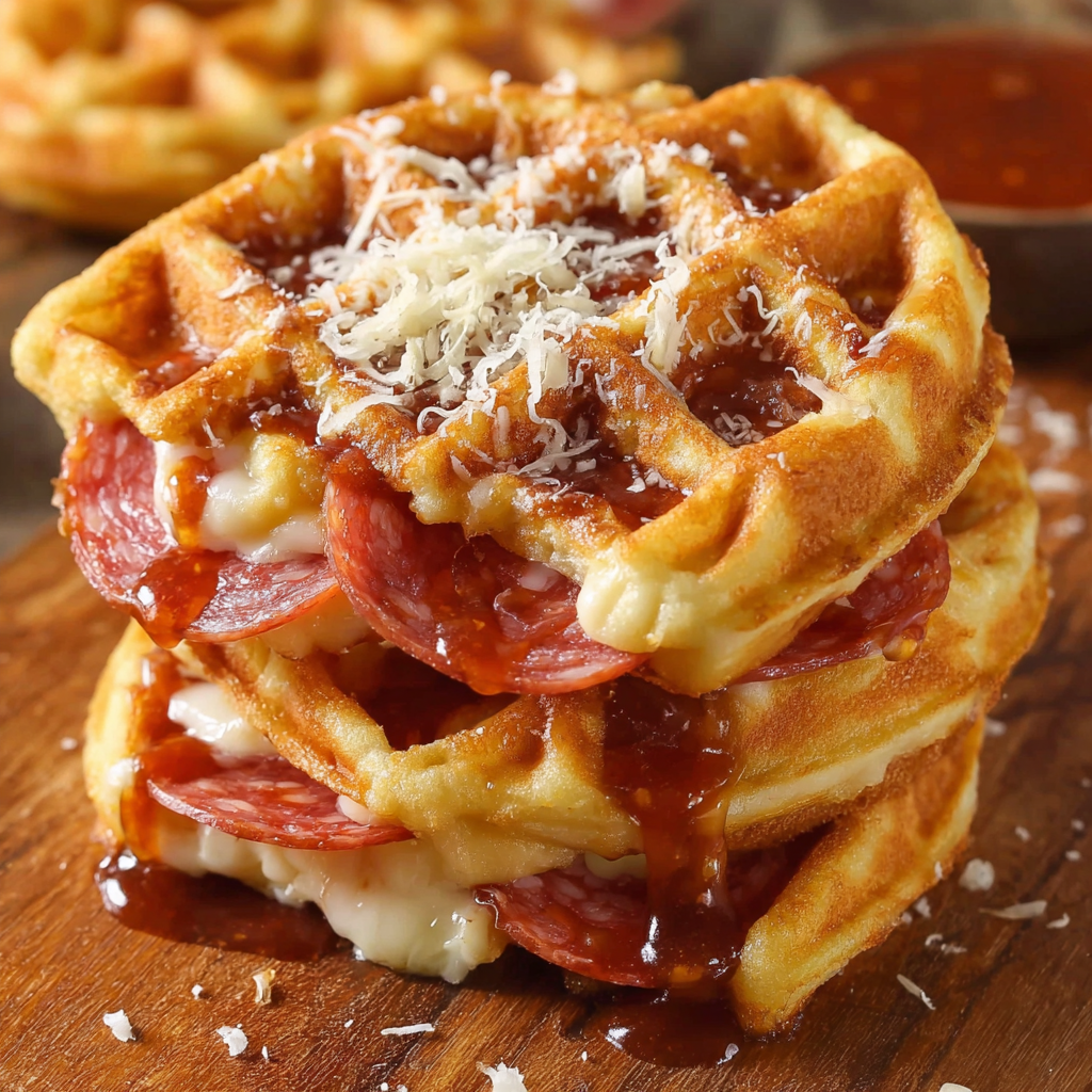A stack of waffles with tomato sauce and cheese on top, resembling a pizza.