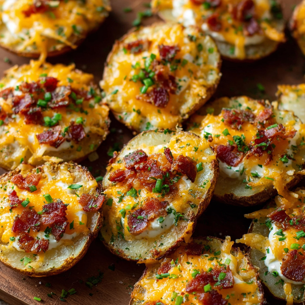 A delicious recipe for Loaded Baked Potato Rounds, featuring bacon, cheese, and herbs, is displayed on a wooden platter.