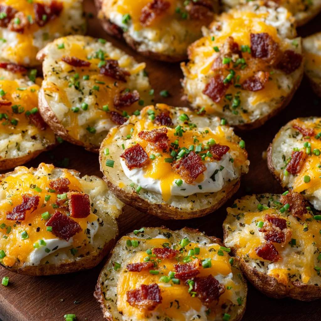 A delicious and hearty dish of Loaded Baked Potato Rounds, topped with cheese, bacon, and herbs, ready to be enjoyed.