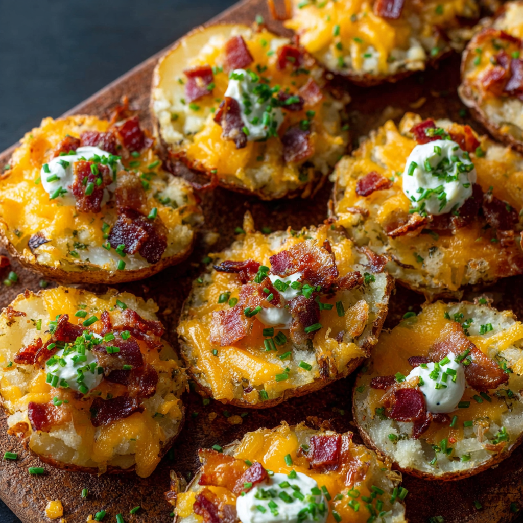 A delicious appetizer called Loaded Baked Potato Rounds is displayed on a wooden platter.