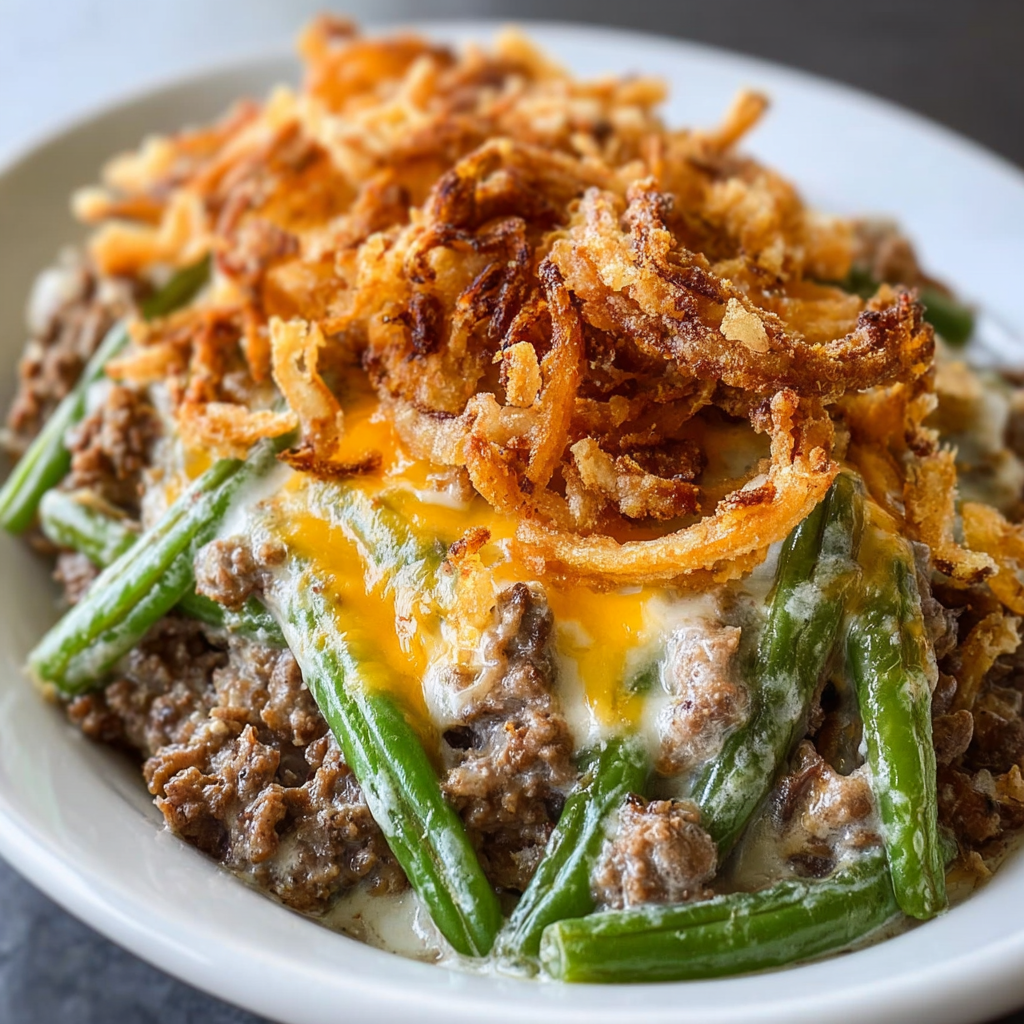 A plate of food with a variety of ingredients, including meat, cheese, and vegetables, is presented on a table. The dish is described as a "meat and cheese casserole" or a "meat and cheese casserole with onions and green beans.