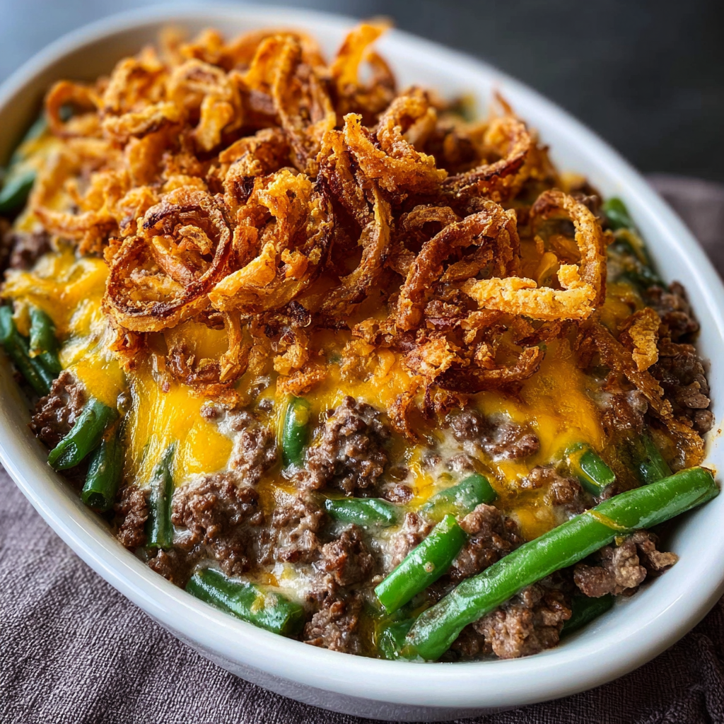 A white bowl filled with a delicious meal, including meat, cheese, and onions, is placed on a table.