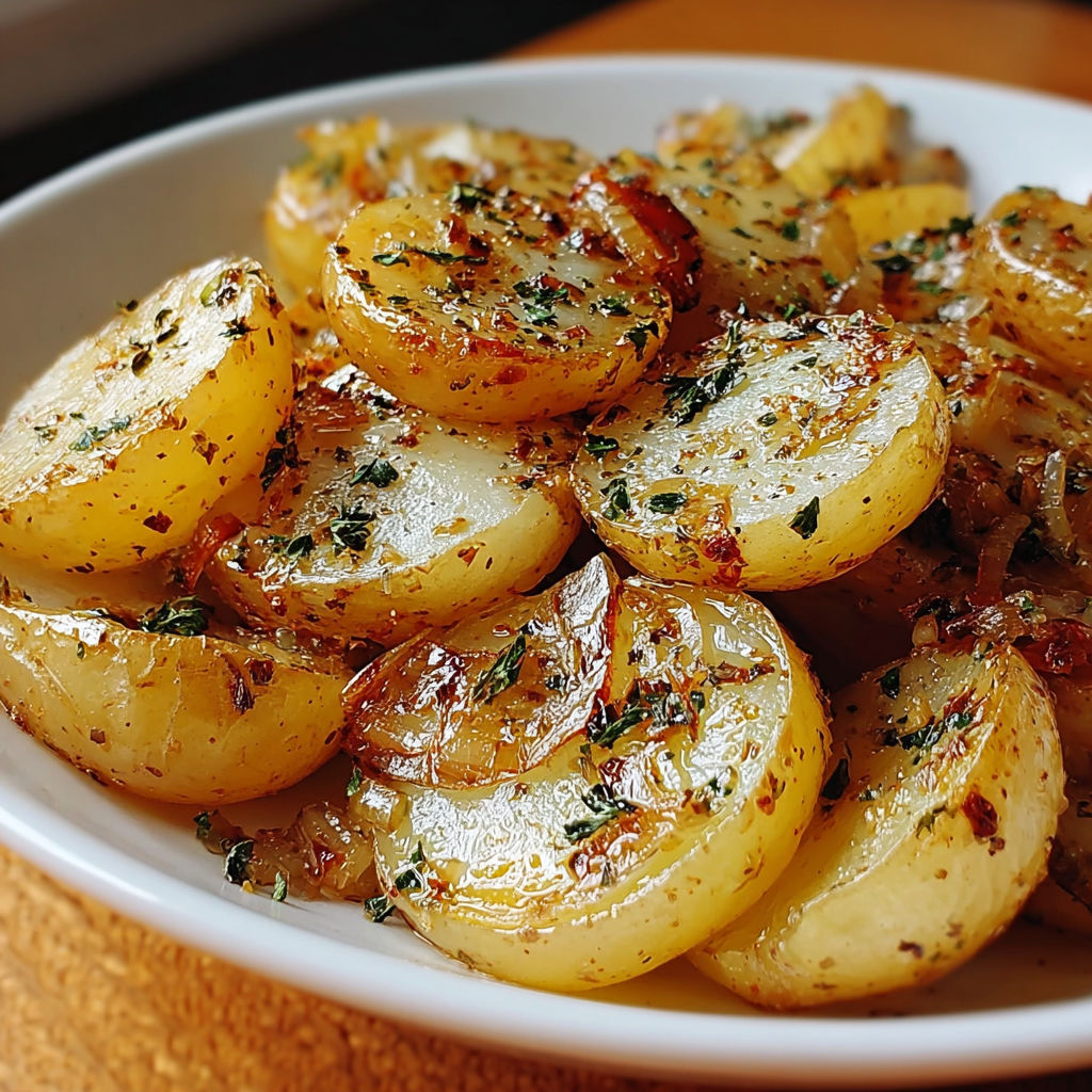A white bowl filled with potatoes and onions, ready to be cooked in a slow cooker.