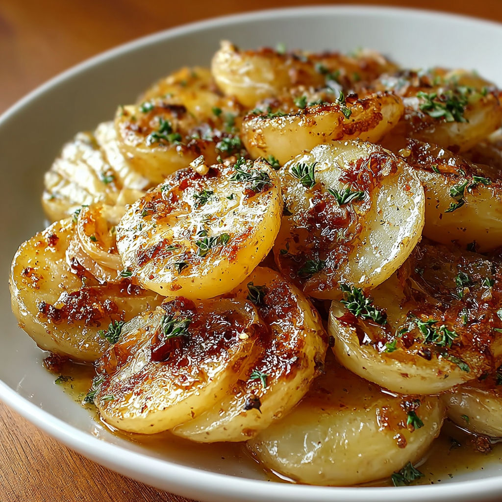 A white plate filled with cooked potatoes and onions, likely a slow cooker recipe.