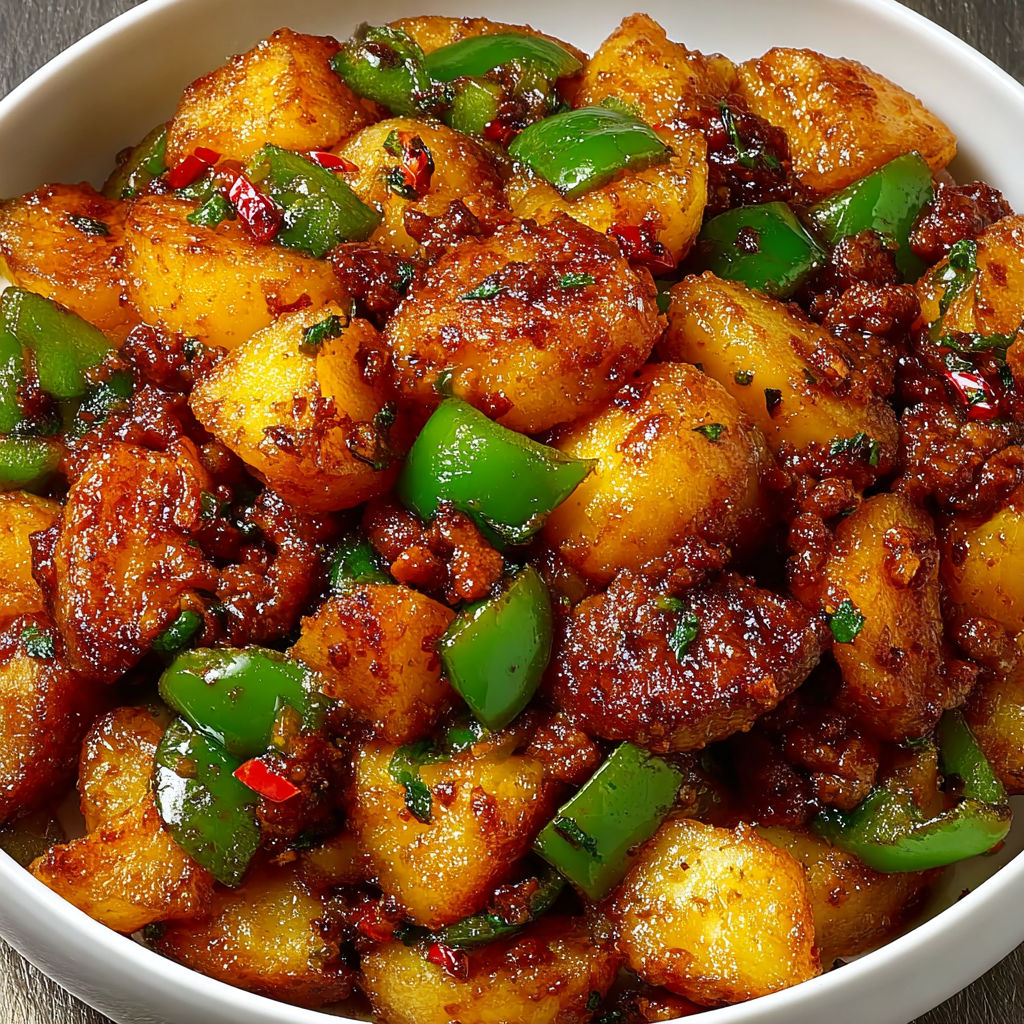 A bowl of stir-fried potatoes with minced meat, topped with green peppers and onions.