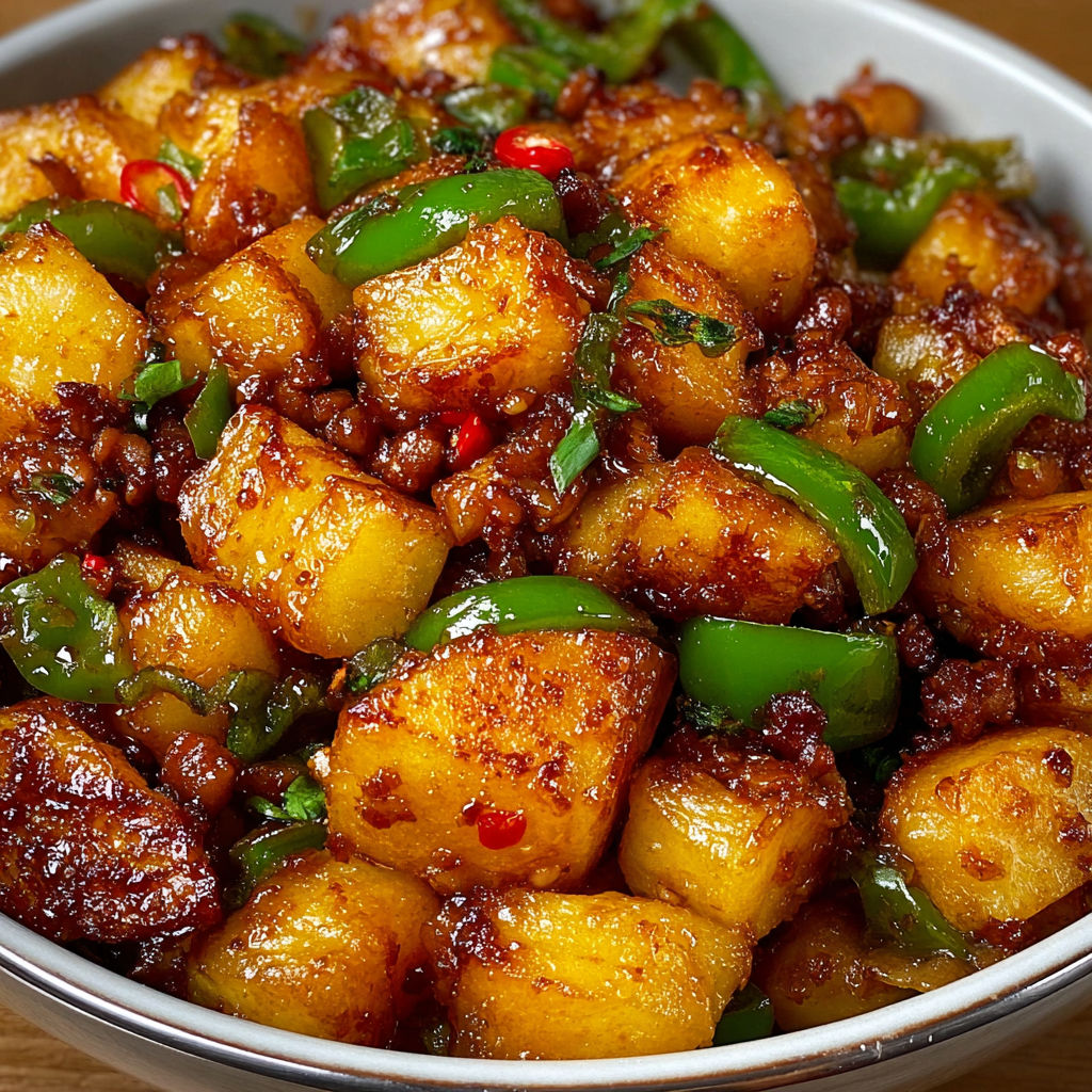 A bowl of stir-fried potatoes with minced meat, topped with green peppers and onions.
