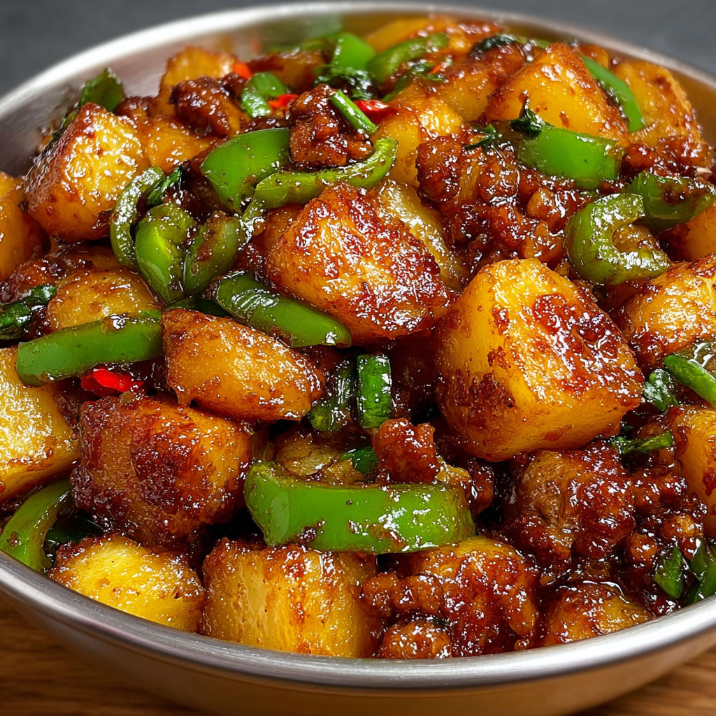 A bowl of stir-fried potatoes with minced meat, including peppers and onions, is ready to be eaten.