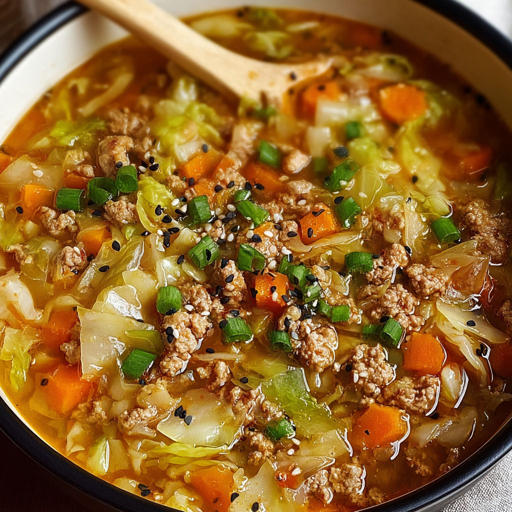 A bowl of soup with meat and vegetables, including carrots and cabbage, and a spoon inside.