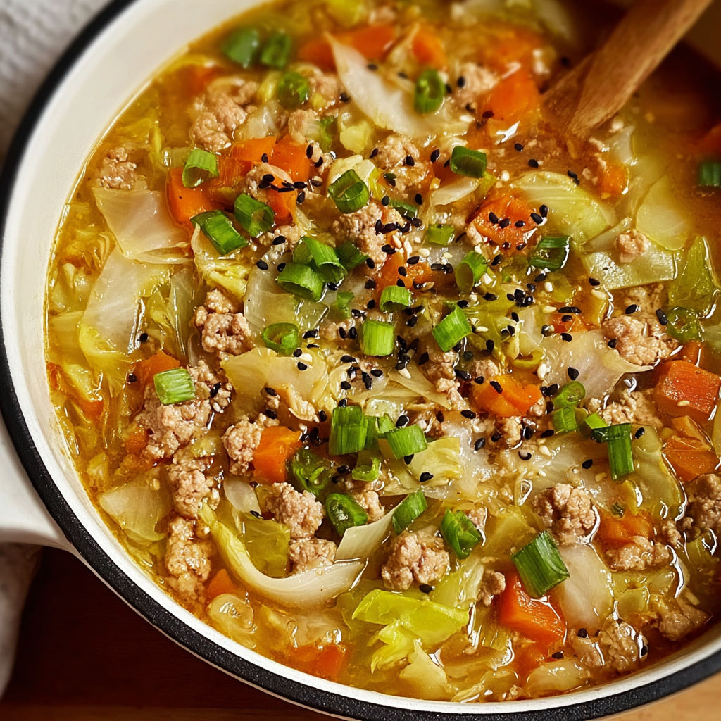A bowl of soup filled with meat, vegetables, and noodles, with a spoon resting on the side.