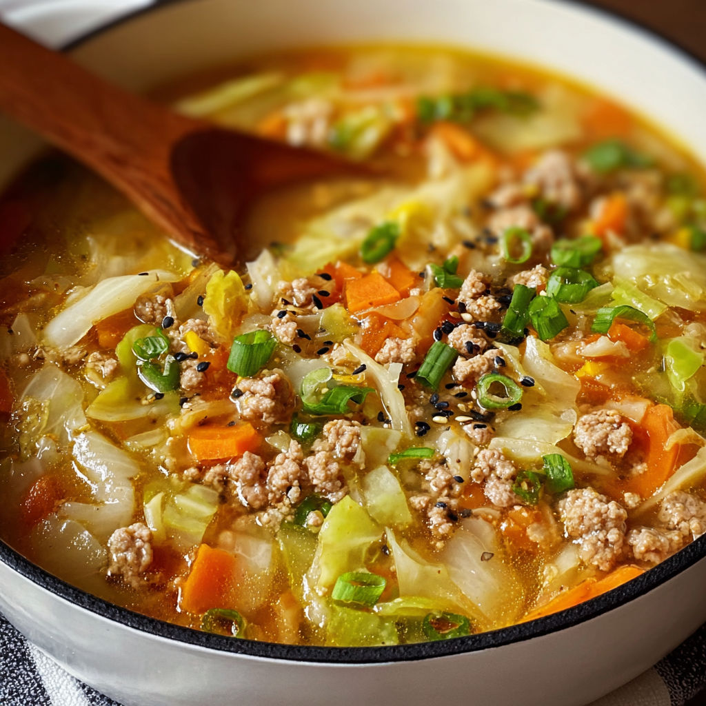 A bowl of soup filled with vegetables and meat, including carrots and onions.