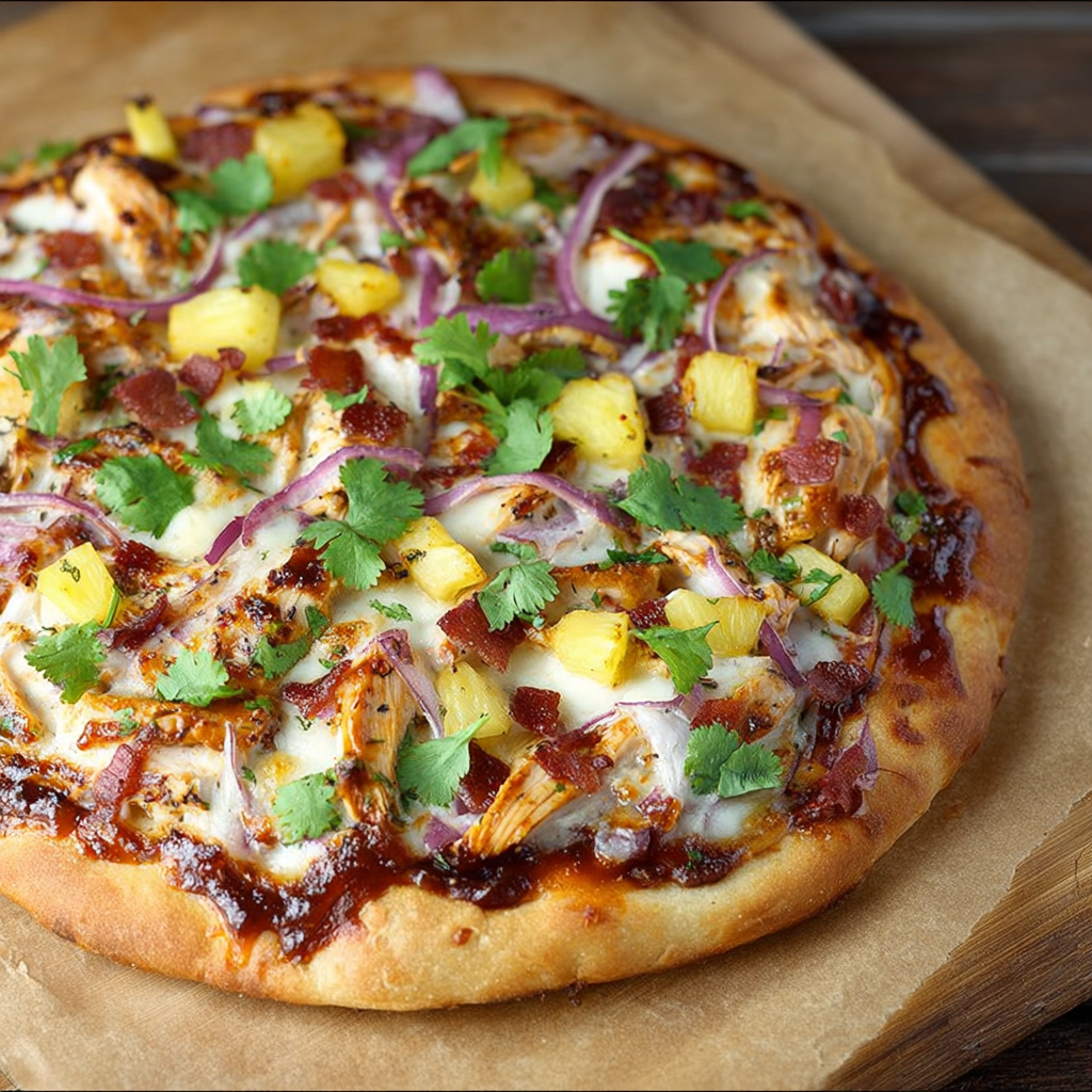 A delicious Hawaiian BBQ Chicken Pizza is ready to be served.