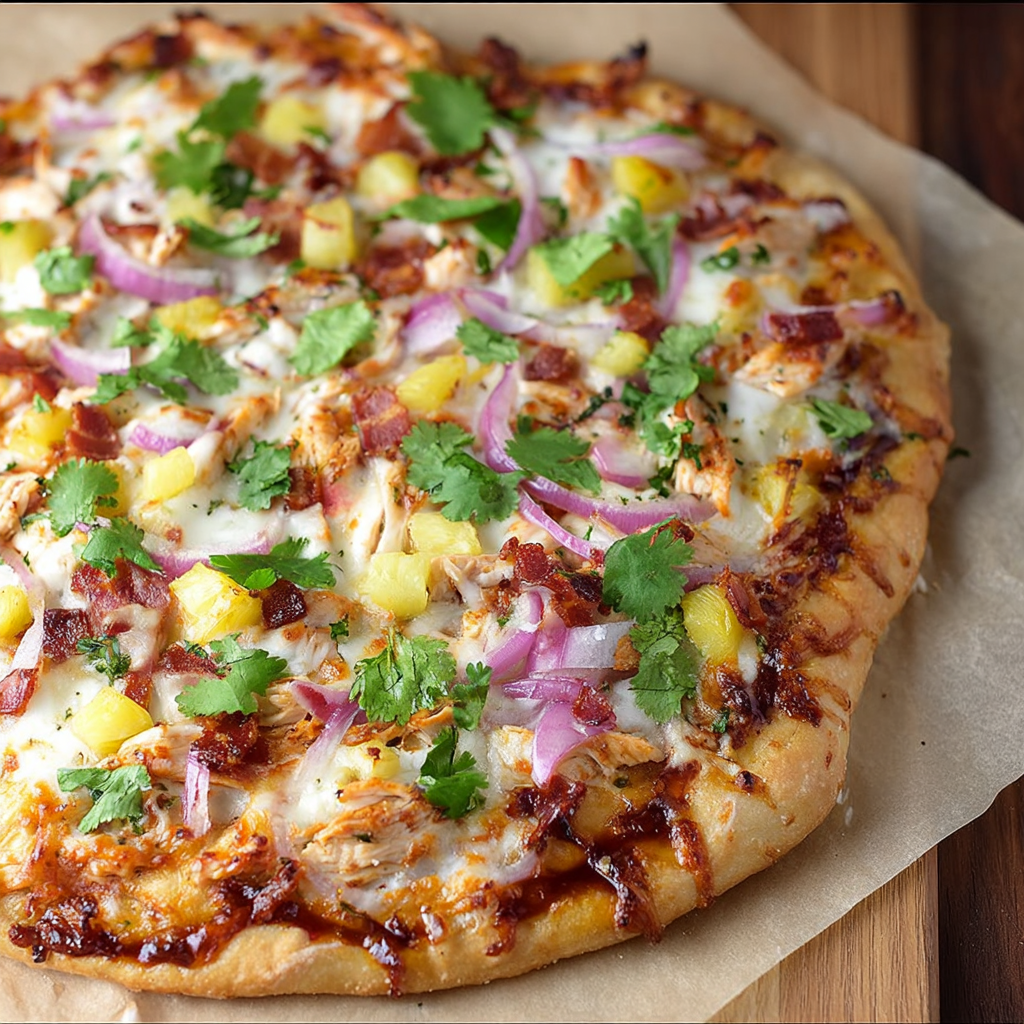 A pizza with various toppings, including pineapple, onions, and chicken, sits on a wooden table.