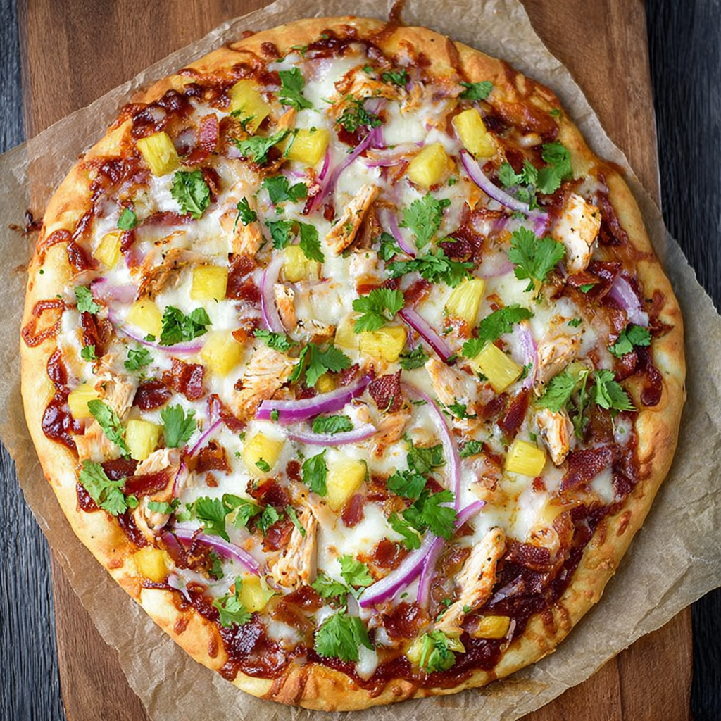 A pizza with chicken, pineapple, and onions on a wooden cutting board.
